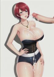 1boy1girl after_fellatio ai_generated blue_eyes bukkake cleavage cum cum_in_mouth cum_on_breasts cum_on_panties cum_on_thighs cumshot large_breasts necklace original original_character penis red_hair short_hair stable_diffusion