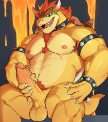 2023 abs absurd_res anthro armpit_hair balls biceps big_penis biped body_hair bowser bracelet claws digital_media_(artwork) erection finger_claws gakujo genitals hair hand_on_penis hi_res humanoid_genitalia humanoid_penis jewelry koopa male male_only mario_(series) muscular muscular_anthro muscular_male nintendo open_mouth open_smile pecs penis pubes red_hair red_pubes scalie smile solo spiked_bracelet spikes tan_body veiny_penis yellow_balls yellow_body yellow_penis