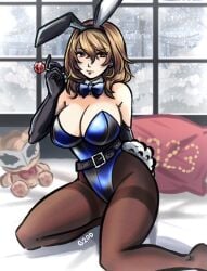 1girls belt belt_buckle bowtie brown_hair bunny_ears bunny_girl bunny_tail g20d_(artist) giveme20dollas_(artist) goro_akechi huge_breasts latex latex_gloves lollipop on_bed opera_gloves persona persona_5 red_eyes rule_63 short_hair solo solo_female