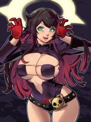 bikini bodysuit color_palette female green_eyes guilty_gear guilty_gear_strive halloween jack-o'_valentine multicolored_hair red_hair skullworms solo_female white_hair