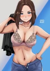 1girls blue_eyes brown_hair freckles hand_on_hip holding looking_at_viewer medium_hair mole_under_eye multicolored_eyes pink_bra samsung samsung_sam shokan_(pixiv61462319) stomach