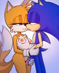 1boy 1girls areolae balls blue_body blue_eyes blue_fur blush breast_grab breasts female furry furry_only green_eyes half-closed_eyes humanoid_penis loodncrood male mutual_groping nipples penis penis_grab rule_63 sonic_(series) sonic_the_hedgehog sonic_the_hedgehog_(series) standing tails tailsko testicles yellow_body yellow_fur