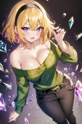 07th_expansion 2023 ai_generated belt big_breasts blonde_hair cleavage curvy_body curvy_female female_focus female_only fingernails hair_ornament higurashi_no_naku_koro_ni houjou_satoko jeans purple_eyes short_hair stable_diffusion voluptuous voluptuous_female yellow_hair