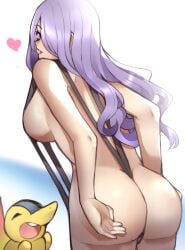 1340smile 1girls alternate_costume ass back back_view bare_back bent_over big_ass breasts camilla_(fire_emblem) commission company_connection crossover cyndaquil female female_only fire_emblem fire_emblem_fates generation_2_pokemon hair_over_one_eye nintendo pokemon purple_hair revealing_clothes sideboob sling_bikini slingshot_swimsuit solo thick_ass