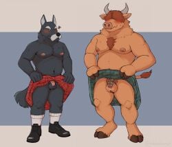 alebehemut anthro balls blush bovid bovine canid canine canis cattle chastity_cage chastity_device clothed clothing clothing_lift domestic_dog duo genitals hi_res kilt kilt_lift male mammal penis