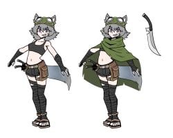 1girls belly_exposed black_bra black_shorts cloak costume costume_change costume_switch dagger eyebrows_visible_through_hair green_cloak grey_hair grin headwear juztplay purple_hair rogue_the_wolf_girl_(juztplay) safe_for_work sandals sfw toothy_grin white_background wolf wolf_ears wolf_girl