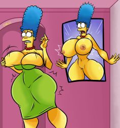 2022 ass_expansion black_eyes blue_hair breast_expansion breast_growth breasts cleavage dress female female_only jewelry marge_simpson necklace nipples oniartist pussy surprised the_simpsons thick_thighs thighs wide_hips yellow_body