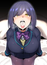 1girls blue_hair blush bowtie breasts cum cum_drool cum_in_mouth fangosuta female_only huge_breasts implied_fellatio implied_oral looking_at_viewer mouth_full_of_cum mouthful nijisanji on_bed open_mouth presenting_mouth school_uniform shizuka_rin short_hair sitting smell solo stockings tongue tongue_out virtual_youtuber yellow_eyes