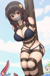 1girls beach bikini black_hair blush bondage bound bound_arms bound_legs bound_to_pole braid breasts highres huge_breasts kono_subarashii_sekai_ni_shukufuku_wo! medium_breasts navel plusout red_eyes side-tie_panties swimsuit tape tape_gag taped_mouth tentacle yunyun_(konosuba)