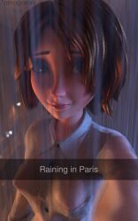 1girls 3d big_hero_6 brown_hair cass_hamada college disney female female_focus female_only france light-skinned_female light_skin looking_at_viewer marvel marvel_comics medium_breasts paris pixiv rain raining see-through see-through_clothing see-through_shirt see-through_top see_through selfie short_hair snapchat solo student tamagosan university wet wet_clothes