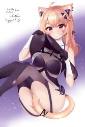 1girls ahoge animal_ears bangs black_gloves black_legwear black_socks blonde_hair blush bodysuit breasts cat_ears cat_girl cat_tail catgirl dated eyebrows_visible_through_hair face_markings female gloves gradient gradient_background grin heart heart-shaped_pupils large_breasts long_hair looking_at_viewer red_eyes sitting smile socks solo squchan_(vtuber) tail thigh_socks thighhighs twitter_username virtual_youtuber vyugen