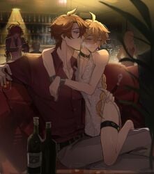 2boys aether_(genshin_impact) alcohol bar blonde_hair blush childe_(genshin_impact) collar crossdressing diluc_(genshin_impact) dominant_male dress femboy feminine_male gay genshin_impact ginger_hair girly groping ha___ze(twitter) ha_ze hand_on_ass hand_on_hip handcuffs hip_grab male male/male male_only male_pov prostitution submissive_male tagme tartaglia_(genshin_impact) thigh_strap yaoi