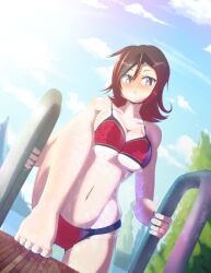 absurd_res bikini bikini_bottom bikini_top breast_squeeze feet female freakyed highres large_breasts looking_at_viewer outside pinup red_bikini red_hair ruby_rose rwby sole_female solo solo_female swimming_pool swimsuit wet wet_skin