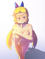 blonde_female blonde_hair covering_breasts female flipping_off freakyed large_breasts naked nude nude_female pinup red_eyes shantae smooth_skin solo solo_female twintails twitch_(shantae) video_games