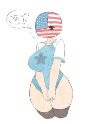 1girls america american_flag big_breasts big_thighs blush clothing countryhumans countryhumans_girl flawsy light-skinned_female mob_face thighhighs thighs united_states_of_america_(countryhumans)