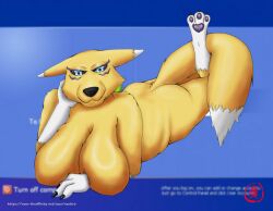 anthro ass bandai_namco big_breasts black_nose blue_eyes breasts canid canine cheek_tuft claws digimon digimon_(species) facial_tuft female fox fur long_tail looking_at_viewer lying mammal markings neohiro patrik_ujcik pawpads renamon smile solo tail toe_claws white_body white_fur yellow_body yellow_fur