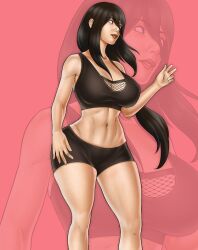 1girls adapted_costume alternate_costume big_breasts bike_shorts boruto:_naruto_next_generations breasts brown_hair cleavage crop_top female female_only fishnets fully_clothed hourglass_figure huge_breasts hyuuga_hanabi large_breasts lavender_eyes long_hair midriff naruto naruto_(series) nevraart ponytail reflection slim_waist solo solo_focus tied_hair tight_clothing very_long_hair wide_hips workout_clothes zoom_layer