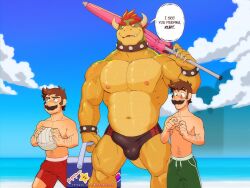 2023 3boys abs anthro ball balls_outline barazoku beach beefy biceps big_bulge big_muscles bisexual_pride_colors blue_eyes blush bonfiredemon bowser bracelet brown_hair bulge claws clothed clothing cloud collar cooler day detailed_bulge dialogue english_text erection erection_under_clothing eyebrows facial_hair flustered glistening glistening_body green_head group hi_res holding_object horns huge_bulge huge_muscles human jewelry koopa larger_anthro lgbt_pride looking_at_another looking_at_bulge looking_away luigi male male_nipples male_only mammal manly mario mario_(series) masculine multiple_boys muscles muscular_anthro muscular_male mustache narrowed_eyes navel nintendo non-mammal_nipples obliques outdoors outside pecs penis_outline pride_colors red_eyes red_hair sand scalie seaside size_difference sky smaller_human smooth_skinned_male speedo spiked_bracelet spiked_collar spikes standing sticker super_mario_bros. sweat swimming_trunks swimwear talking_to_another text thick_thighs topless topless_anthro topless_male trio umbrella vein volleyball_(ball) walking water yellow_skin