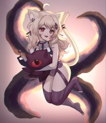 1girls :d alheitrakzoth animal_ears blonde_hair cat_ears cat_girl cat_tail creature facial_mark full_body gloves highres long_hair partially_fingerless_gloves red_eyes sky_above_me smile squchan_(vtuber) tail thighhighs toeless_legwear virtual_youtuber vyugen whisker_markings