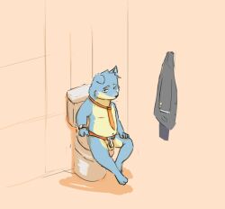 blue_body blue_fur canid canine canis chastity chastity_belt chastity_cage chastity_device fur male male_only mammal necktie orange_necktie sebasteray slightly_chubby solo toilet wolf