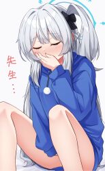 blue_archive blue_halo blue_hoodie blush braid closed_eyes commentary_request covering_mouth feet_out_of_frame female female_masturbation fingernails grey_hair halo highres hood hood_down hoodie long_hair long_sleeves masturbation miyako_(blue_archive) nenosame one_side_up pom_pom_(clothes) pussy_juice rabbit_squad_(blue_archive) simple_background sitting solo srt_special_academy_student translation_request