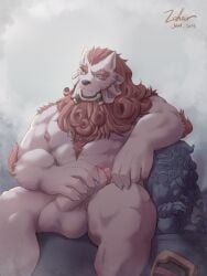 5_fingers anthro asian_mythology balls biped black_nose blue_eyes body_hair chest_hair claws colored east_asian_mythology elbow_fur eyebrows fingers foo_dog foreskin fur genitals glans hair hi_res humanoid_genitalia humanoid_hands humanoid_penis japanese_mythology komainu long_hair male male_only mammal masturbation muscular muscular_anthro muscular_male muscular_thighs mythology nipples nude orange_eyebrows orange_hair pecs penile penile_masturbation penis red_glans retracted_foreskin sculpture sdorica signature sitting solo statue tan_balls tan_body tan_fur tan_penis thick_eyebrows toyokuni yokai zoharwolf