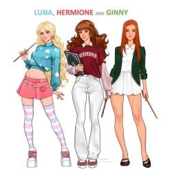 3girls big_breasts breasts busty cleavage curvaceous curvy curvy_figure digital_drawing_(artwork) digital_media_(artwork) eyebrows eyelashes eyes female female_focus female_only ginny_weasley hair harry_potter hermione_granger hips hourglass_figure legs light-skinned_female light_skin lips luna_lovegood minko olena_minko pink_socks purple_socks slim slim_waist socks striped_socks thick thick_legs thick_thighs thigh_socks thighhighs thighs upper_body voluptuous waist white_socks wide_hips