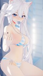 1girls 3d animal_ears beckoning big_breasts bikini black_nails blue_eyes breasts condom condom_in_mouth looking_at_viewer official_model on_knees pale_skin seductive side-tie_bikini sideboob swimsuit veibae virtual_youtuber vshojo vtuber white_hair