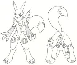 anthro anus armband ass bandai_namco bent_over black_sclera breasts chest_tuft claws digimon digimon_(species) dogwash female genitals graphite_(artwork) mostly_nude nipples pencil_(artwork) presenting presenting_hindquarters pussy renamon solo tail toe_claws traditional_media_(artwork) tuft