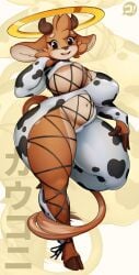 anthro big_breasts breasts clothing cow_print female fur furry furry_only kokoni laced_up_shirt solo tagme tail thick_thighs