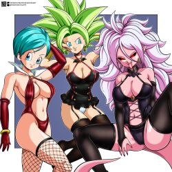 3girls android_21 black_sclera blue_eyes blue_hair bulma_briefs clothing dragon_ball dragon_ball_fighterz dragon_ball_super earrings female female_only fishnet_stockings franfuentesart2 fusion green_hair halloween halloween_costume kefla majin_android_21 panties pink_skin red_eyes shounen_jump stockings tagme white_hair white_panties