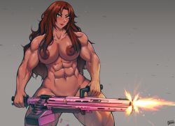 abs batako biceps big_breasts big_nipples breasts brown_hair dark-skinned_female dark_nipples dark_skin firing gun long_hair machine_gun muscle_girl muscles muscular_female naked naked_female nipples sasha_(sloppyoptics) shooting thick_thighs thighs yellow_eyes