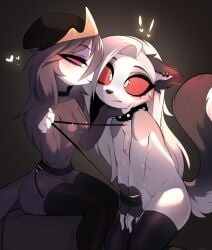 2demons 2girls bare_shoulders bird breasts collar demon demon_horns female/female fur furry grey_fur helluva_boss loona_(helluva_boss) magnaluna nipples octavia_(helluva_boss) small_breasts solo_female yuri