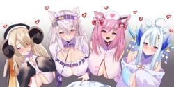 1boy 4girls animal_ears blonde_hair blush boob_window breast_curtains cat_ears catgirl dragon_ears dragon_girl dragon_horns eyebrows_visible_through_hair hair_ornament harem headdress heart horns huge_breasts indie_virtual_youtuber inori_marie kemonomimi kouya_no_naga_samurai licking_lips light-skinned_female light_blue_hair light_skin mikoshiba_mikoto miyako_miyuri nun nurse_cap open_mouth pink_hair poking poking_stomach purple_eyes sheep_ears sheep_girl sheep_horns teasing tenshouin_himeno tonokawa virtual_youtuber wolf_ears wolf_girl