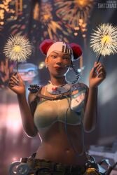 1girls 3d ajay_che apex_legends big_lips bra breasts bun_hair buns dark-skinned_female dark_skin ear_piercing earpiece earrings female fireworks headband lifeline_(apex_legends) looking_at_viewer new_year new_year_2023 night outside partially_clothed red_hair smiling solo sparklers switchlaid