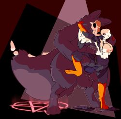 accipitriform against_surface against_wall aliasing anthro areola avian balls beak belt belt_buckle big_penis bird black_body black_feathers black_fur bone breasts catjam_(artist) clothed clothing demon duo eye_contact feathers female fur genitals hand_on_hand hi_res huge_cock knot looking_at_another male male/female nipples partially_clothed penis pentagram raised_leg secretary_bird size_difference skull skull_head stomach_bulge tongue tongue_in_mouth torn_clothing white_body white_feathers