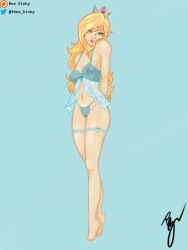 1girls alternate_version_available bee_kinky blonde_hair blue_eyes full_body lingerie lingerie_only looking_at_viewer mario_(series) nintendo princess_rosalina transparent_clothing