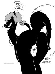 2022 anthro ass breasts dialogue english_text female fur genitals grin hair hi_res looking_back mammal mephitid miranda_(sergewolf) pussy rear_view skunk smile solo tegerio text