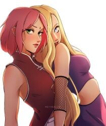 2girls blonde_hair boruto:_naruto_next_generations female_only hair_over_one_eye ino_yamanaka mayskalih midriff multiple_girls naruto naruto_(series) pink_hair purple_shirt sakura_haruno short_hair sleeveless_shirt yuri