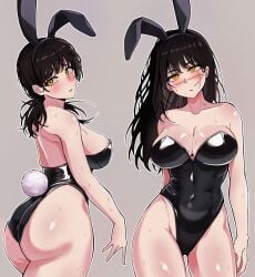 2girls ass big_ass big_breasts big_butt black_hair blush breasts bunny_ears bunny_girl bunny_tail bunnysuit chainsaw_man eye_contact female female_only leotard long_hair looking_at_viewer mitaka_asa scar scar_on_face shiny_skin siri_(artist) standing thick_thighs yellow_eyes yoru_(chainsaw_man)