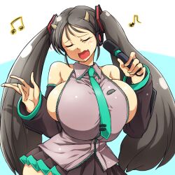 1girls 5_fingers big_breasts breasts closed_eyes cow_girl female female_only hataraki_ari hatsune_miku_(cosplay) horns huge_breasts human human_only large_breasts monster_girl open_mouth singing solo solo_female sukimi_(hataraki_ari) vocaloid