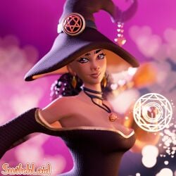 3d black_female black_hair bree_(passionate_hex) clothed earrings glowing indie_game leg_warmers magic passionate_hex smiling switchlaid witch witch_hat