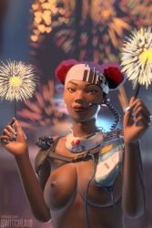 1girls 3d ajay_che apex_legends areolae big_lips breasts bun_hair buns dark-skinned_female dark_skin ear_piercing earpiece earrings female fireworks headband large_areolae lifeline_(apex_legends) looking_at_viewer new_year new_year_2023 night nipples outside partially_clothed red_hair smiling solo sparklers switchlaid