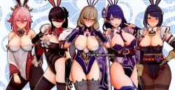 5girls actuale beidou_(genshin_impact) big_breasts blush breasts bunny_ears bunny_girl bunnysuit cleavage female genshin_impact glasses gloves koikatsu kujou_sara lisa_(genshin_impact) multiple_girls pantyhose playboy_bunny raiden_shogun stockings thick_thighs thighhighs voluptuous yae_miko