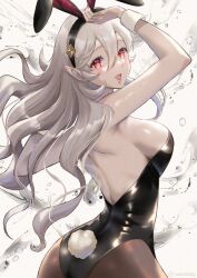 1girls alternate_costume animal_ears arms_up ass back back_view backless_outfit bare_back blonde_hair breasts bunny_ears bunny_girl bunny_tail bunnysuit cleavage corrin_(female)_(fire_emblem) corrin_(fire_emblem) corrin_(fire_emblem)_(female) fake_animal_ears female female_only fire_emblem fire_emblem_fates hair_ornament hairband large_breasts long_hair looking_at_viewer medium_breasts nintendo open_mouth pantyhose playboy_bunny pointy_ears rabbit_tail red_eyes sideboob smile snow20200 solo tail white_background white_hair wrist_cuffs