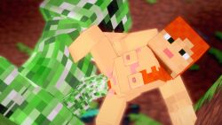 1boy 1girls 3d agentstaid alex_(minecraft) breasts cave creeper_(minecraft) cubic_breasts cum cum_in_pussy cum_inside erect_nipples erect_penis green_eyes horny_female human mine-imator minecraft monster nude_female orange_hair outside ponytail position square_head tagme vaginal_penetration