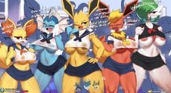 ! !! ... 2020s 2022 ? absol anthro belly belly_button big_breasts blush breasts burgerkiss canid canine clothing dialogue digital_media_(artwork) eeveelution english_text erect_nipples erection fangs female female_only fennekin flareon fox frill_(anatomy) game_freak gardevoir glaceon hair hand_on_breast hi_res huge_breasts jolteon leafeon lucario lugia male mammal membrane_(anatomy) nintendo nipple_bulge nipples one_eye_closed pokemon pokemon_(species) pussy pussy_juice school school_uniform schoolgirl short_skirt sweat tail take_your_pick text tongue transparent_clothing underboob uniform vaporeon video_games weavile zorua