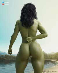 1girls 3d 3d_(artwork) ass back_view big_ass black_hair female female_only green-skinned_female green_skin hulk_(series) lake large_ass marvel marvel_cinematic_universe marvel_comics muscles muscular muscular_female muscular_thighs nude nude_female outdoors patreon_username pose posing rear_view she-hulk she-hulk:_attorney_at_law solo solo_female tatiana_maslany tekonsfw thick_thighs twitter_username