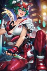 2d blizzard_entertainment blue_eyes fingerless_gloves glowing_eyes green_hair holding_kunai japanese_clothes kiriko_(overwatch) kiriko_kamori kunai neoartcore overwatch overwatch_2 red_shoes shoes tagme tight_pants