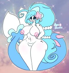 anthro aqua_(lewdchuu) big_breasts blue_eyes blue_hair breasts female generation_7_pokemon genitals hair hi_res legs lewdchuu_(artist) mammal marine mermaid_tail nintendo nipples pink_nipples pinniped pokémon_(species) pokemon pokemon_(species) primarina pussy sea_lion solo star white_body